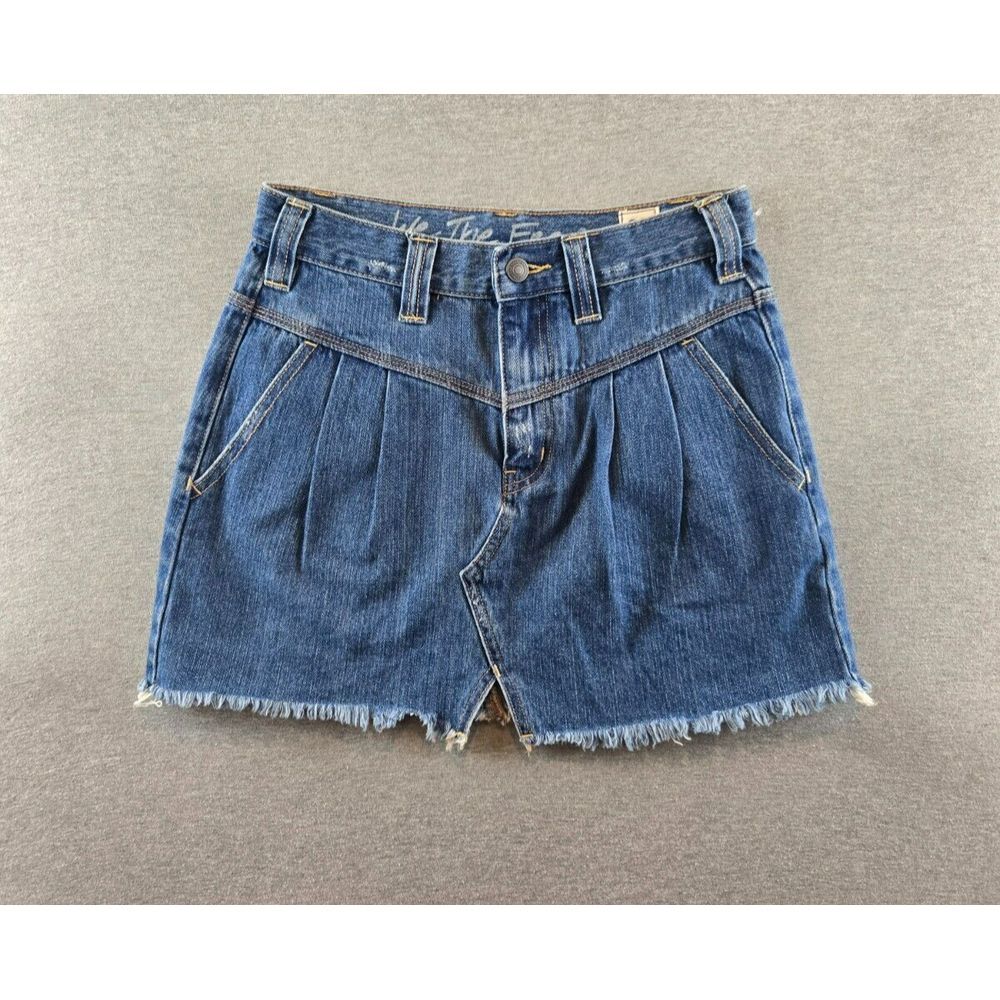We The Free People Side Car‎ Mini Denim Skirt Size 25 Blue Fringe Trim OB1095058